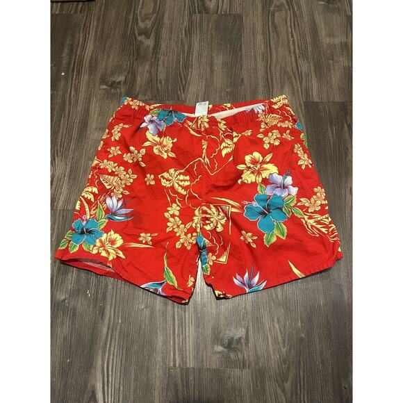 Vintage 90s Y2K Red Floral Swim‎ Trunks Mens Size Large Lined Beach Shorts - Picture 1 of 2